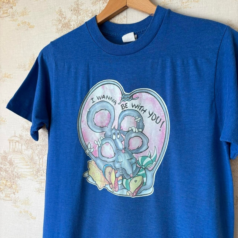 Vintage 70s blue I Wanna Be With You mice love heart Roach Studios tee size L